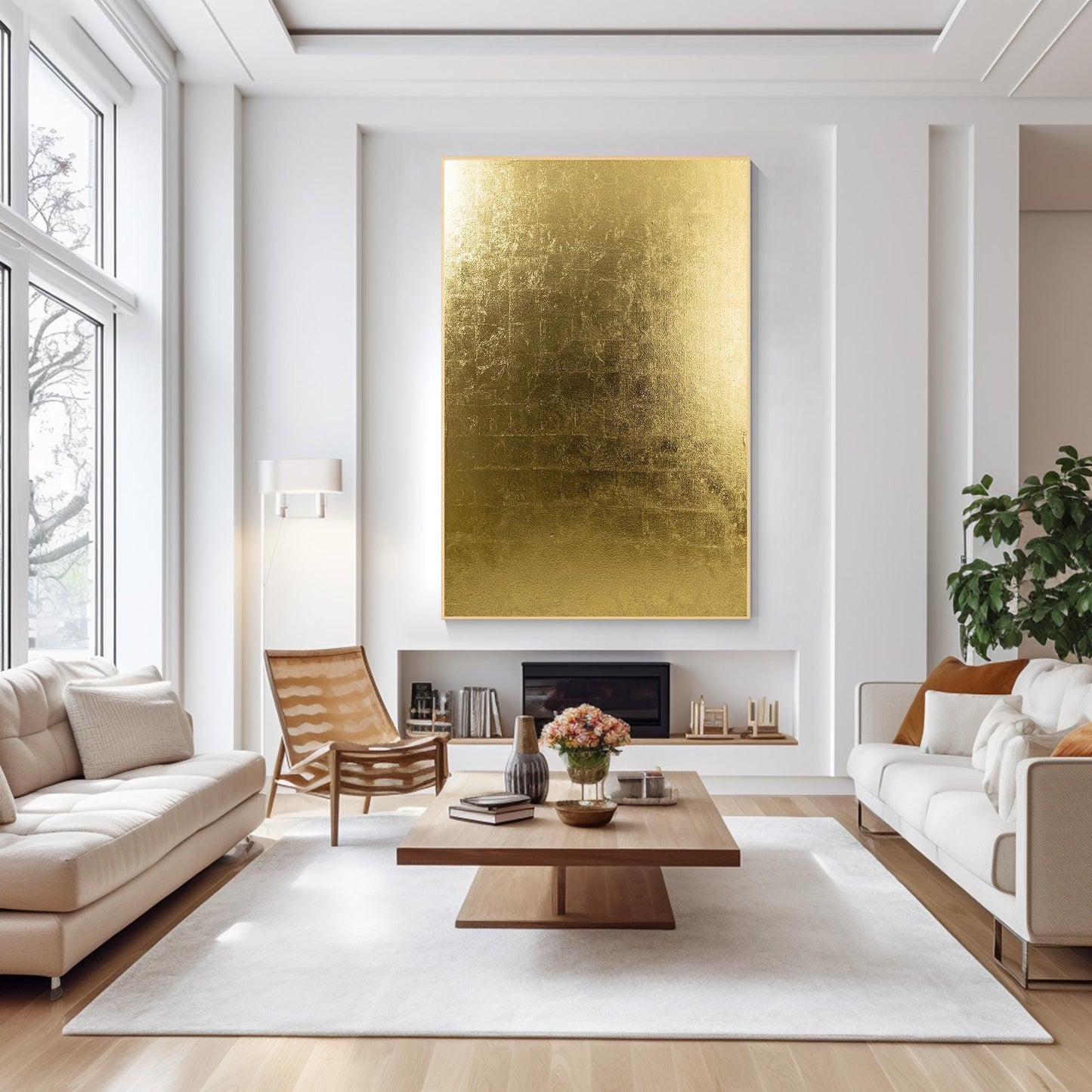 Minimalist Gold Foil Abstract Wall Art, Vertical Large Framed Canvas, Modern Lux #6