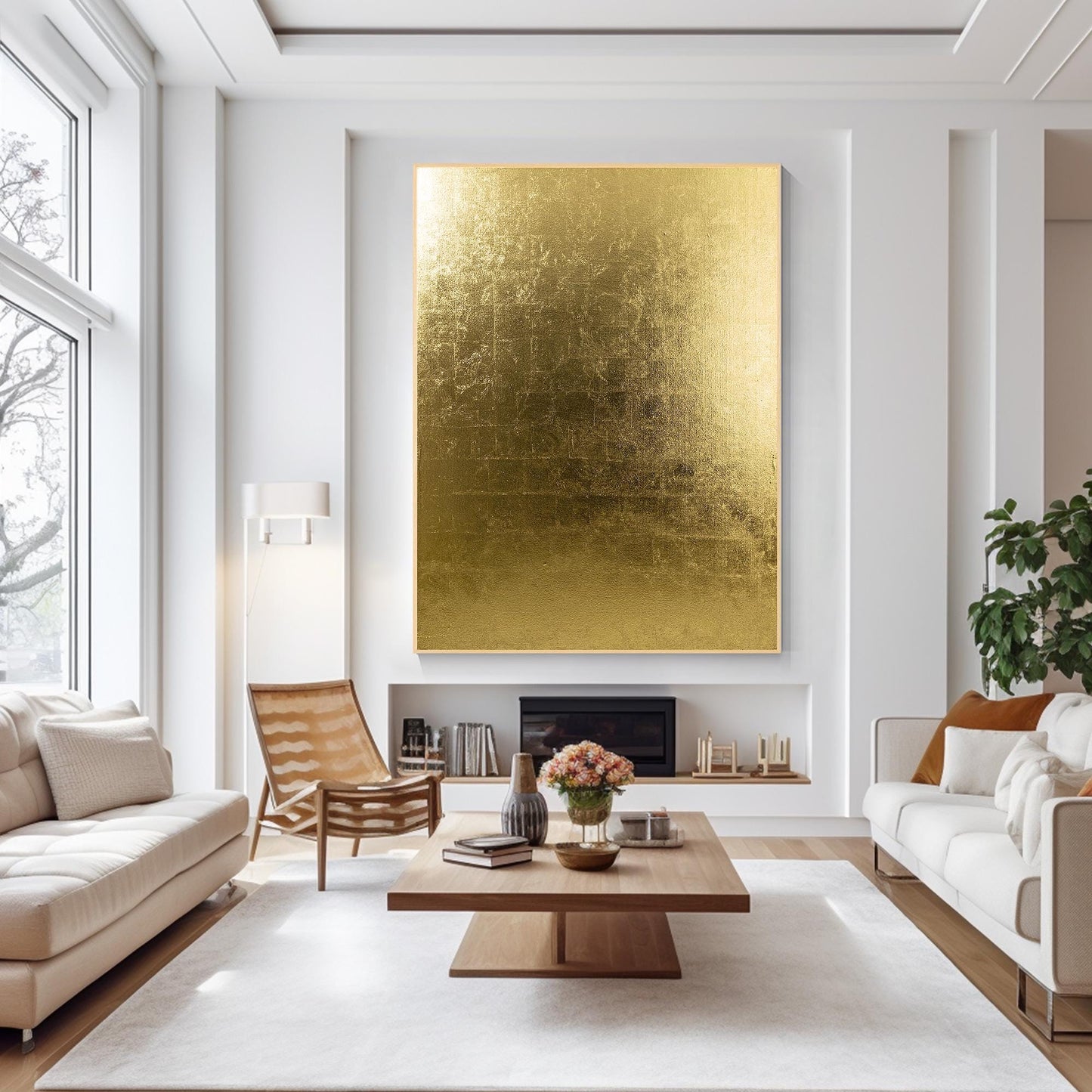 Minimalist Gold Foil Abstract Wall Art, Vertical Large Framed Canvas, Modern Lux #7