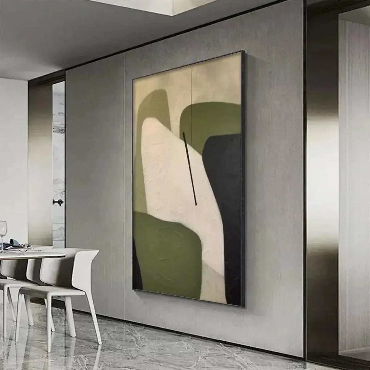 MINIMALIST GREEN ABSTRACT: Modern Abstract Painting, Vertical Wall Art | gold frame stretched on neutral wall