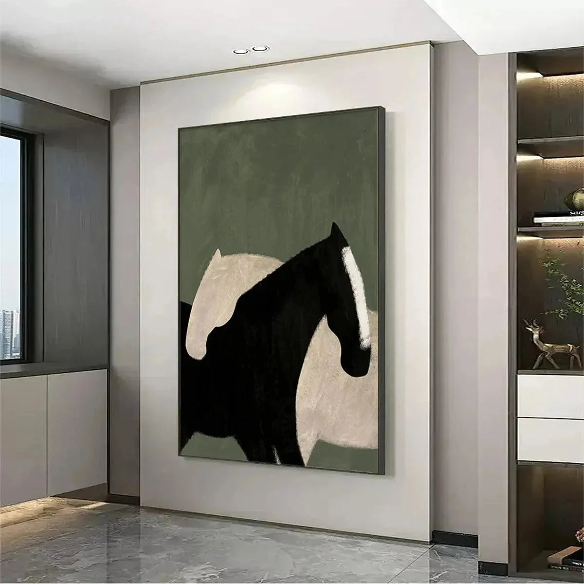 MINIMALIST HORSES: Abstract Horse Painting, Vertical Wall Art | gold frame stretched on neutral wall