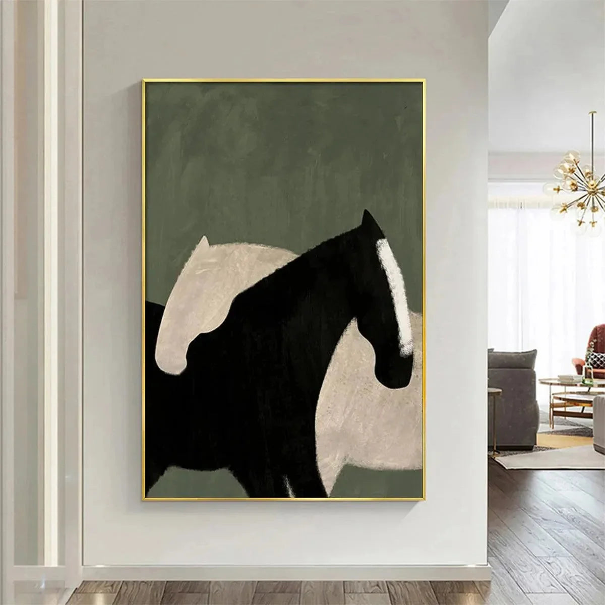 MINIMALIST HORSES: Abstract Horse Painting, Vertical Wall Art | rolled canvas, ready for custom framing