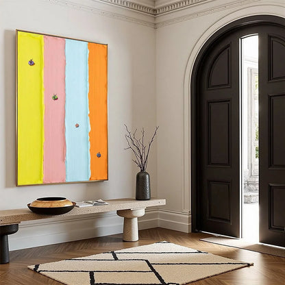 CANDY STRIPE SERENADE: Minimalist Pastel Textured Painting | gold frame stretched on neutral wall