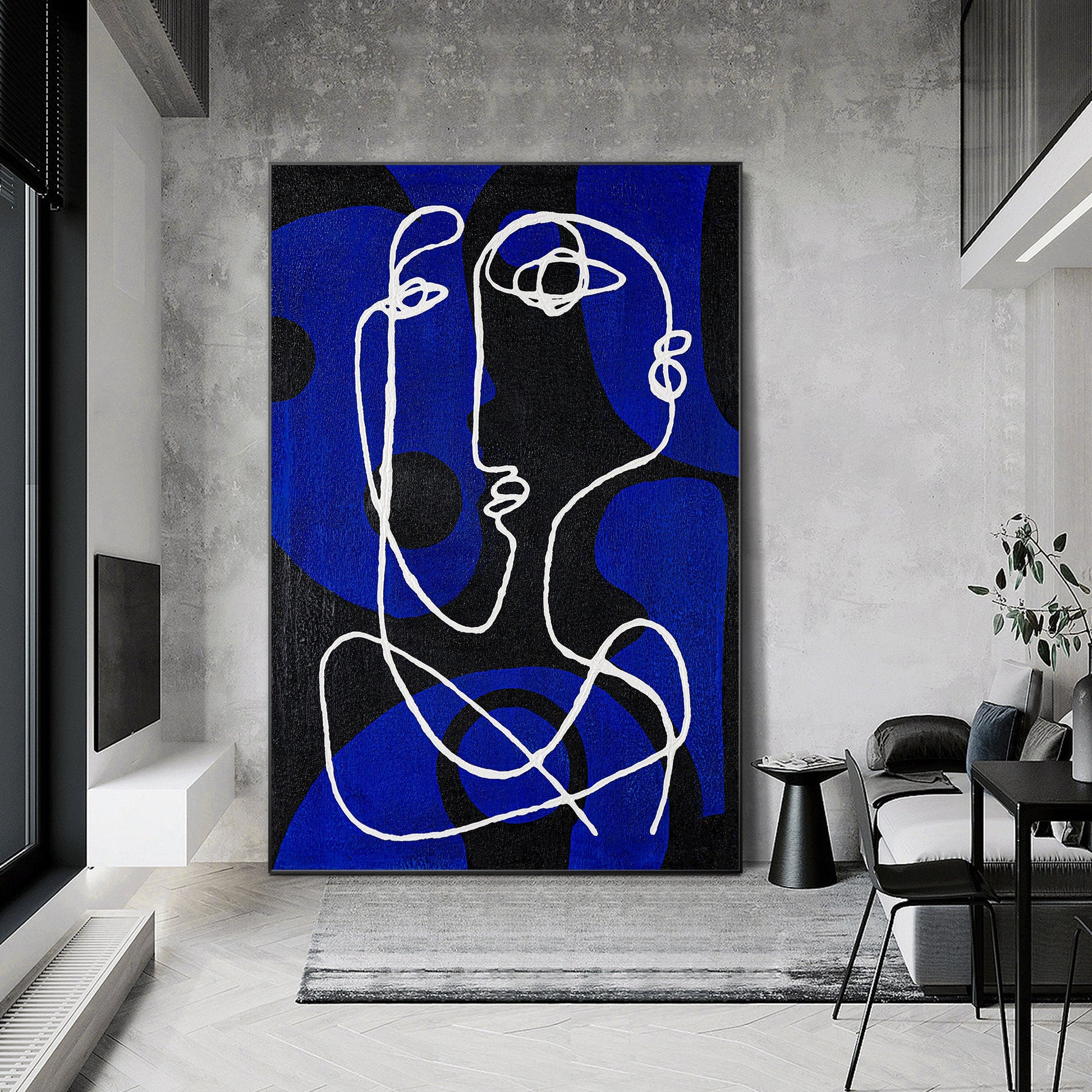 Minimalist Picasso Inspired Line Art, Blue Textured Abstract Canvas Painting, Ex #2