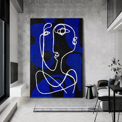 Minimalist Picasso Inspired Line Art, Blue Textured Abstract Canvas Painting, Ex #2