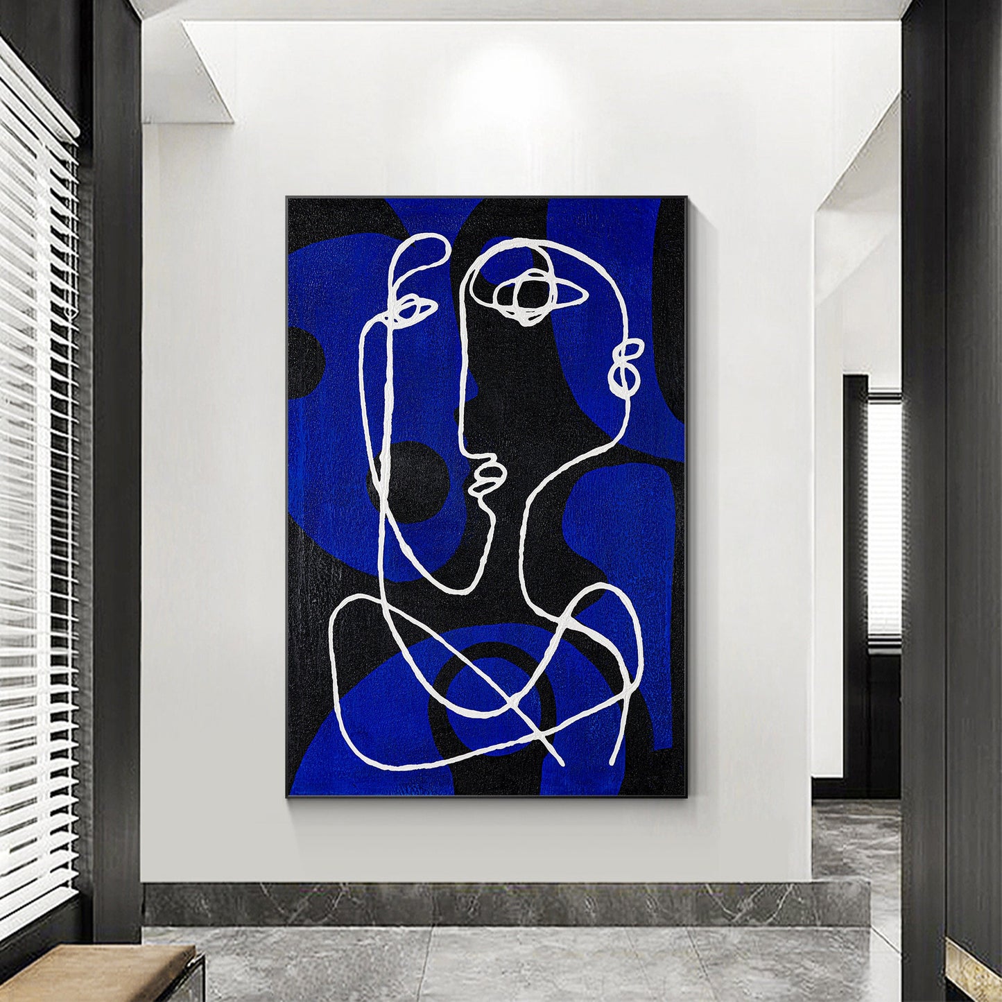 Minimalist Picasso Inspired Line Art, Blue Textured Abstract Canvas Painting, Ex #4