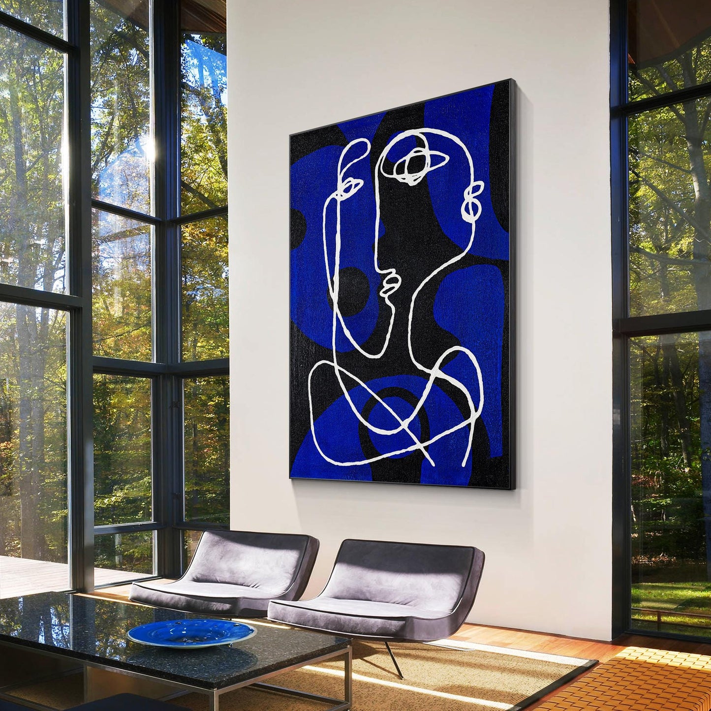 Minimalist Picasso Inspired Line Art, Blue Textured Abstract Canvas Painting, Ex #5