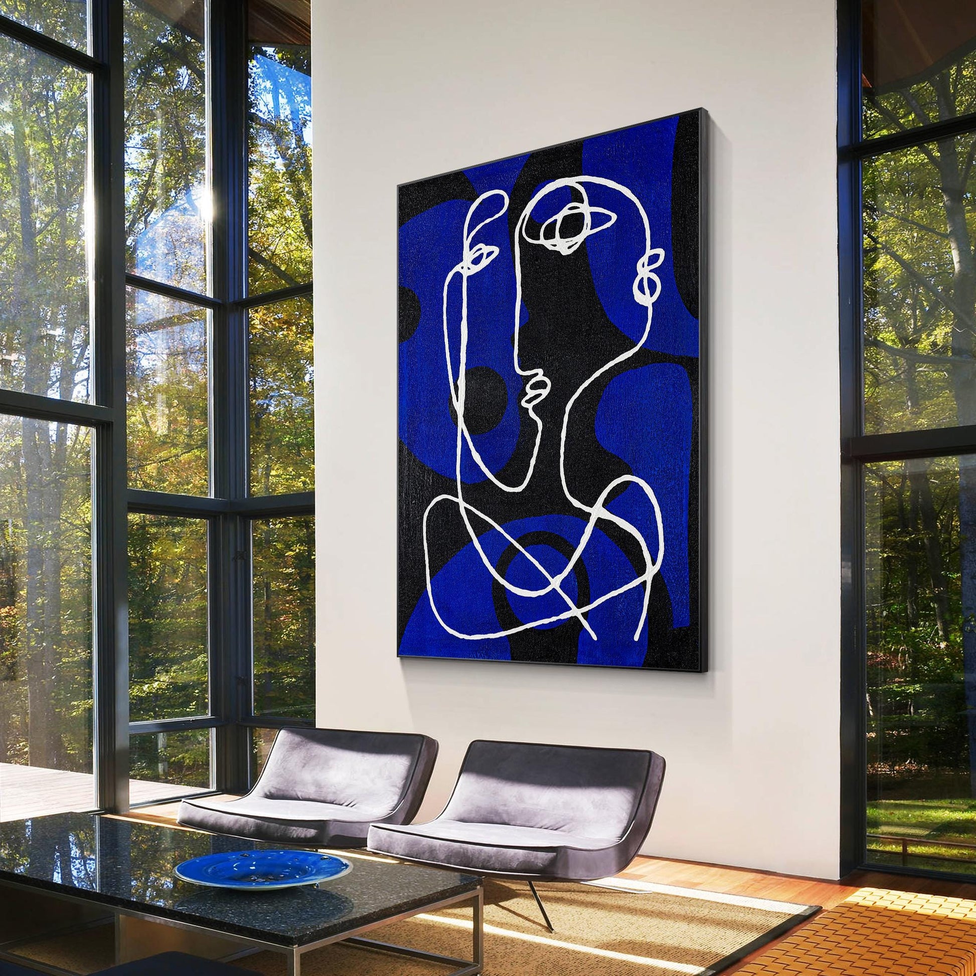 Minimalist Picasso Inspired Line Art, Blue Textured Abstract Canvas Painting, Ex #5