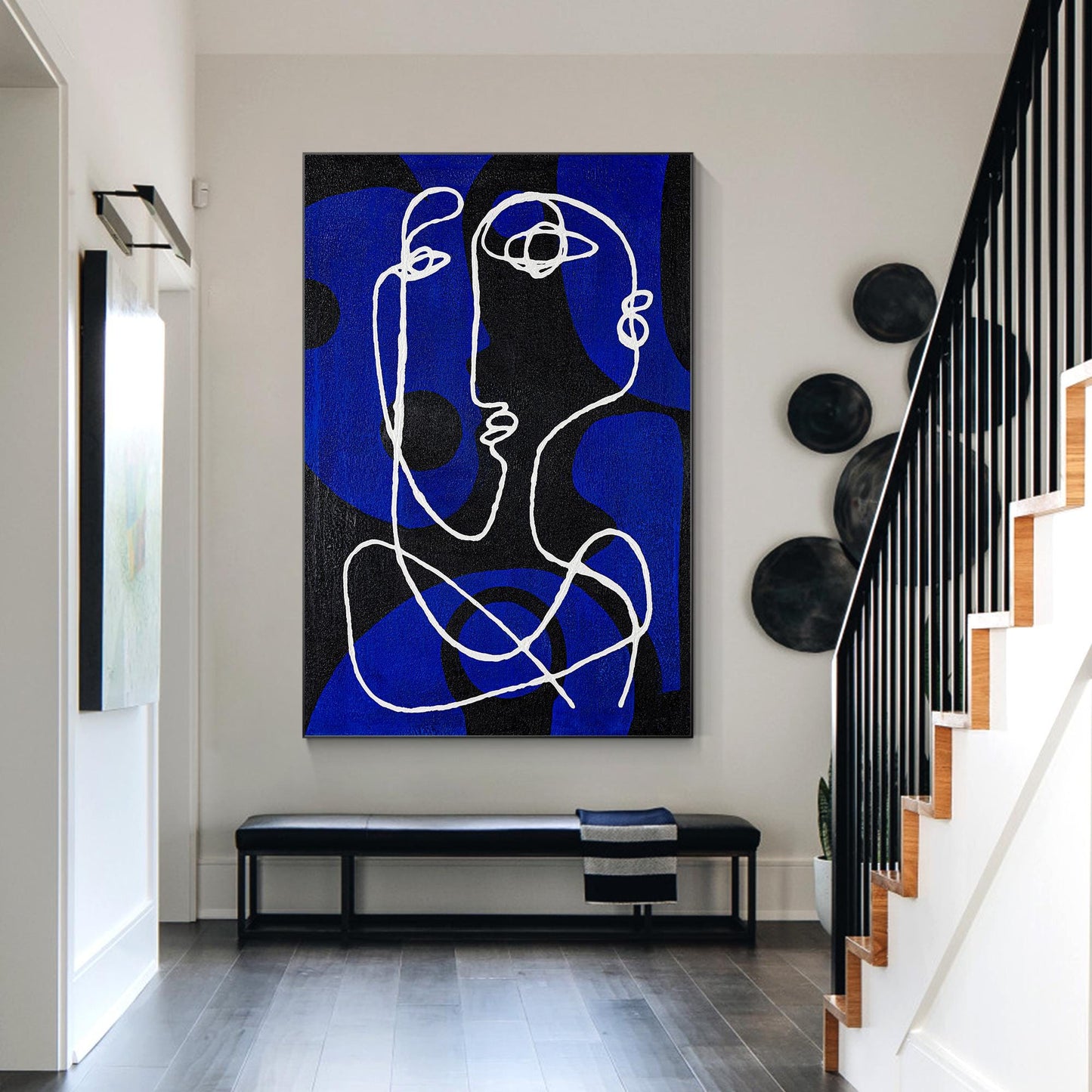 Minimalist Picasso Inspired Line Art, Blue Textured Abstract Canvas Painting, Ex #6