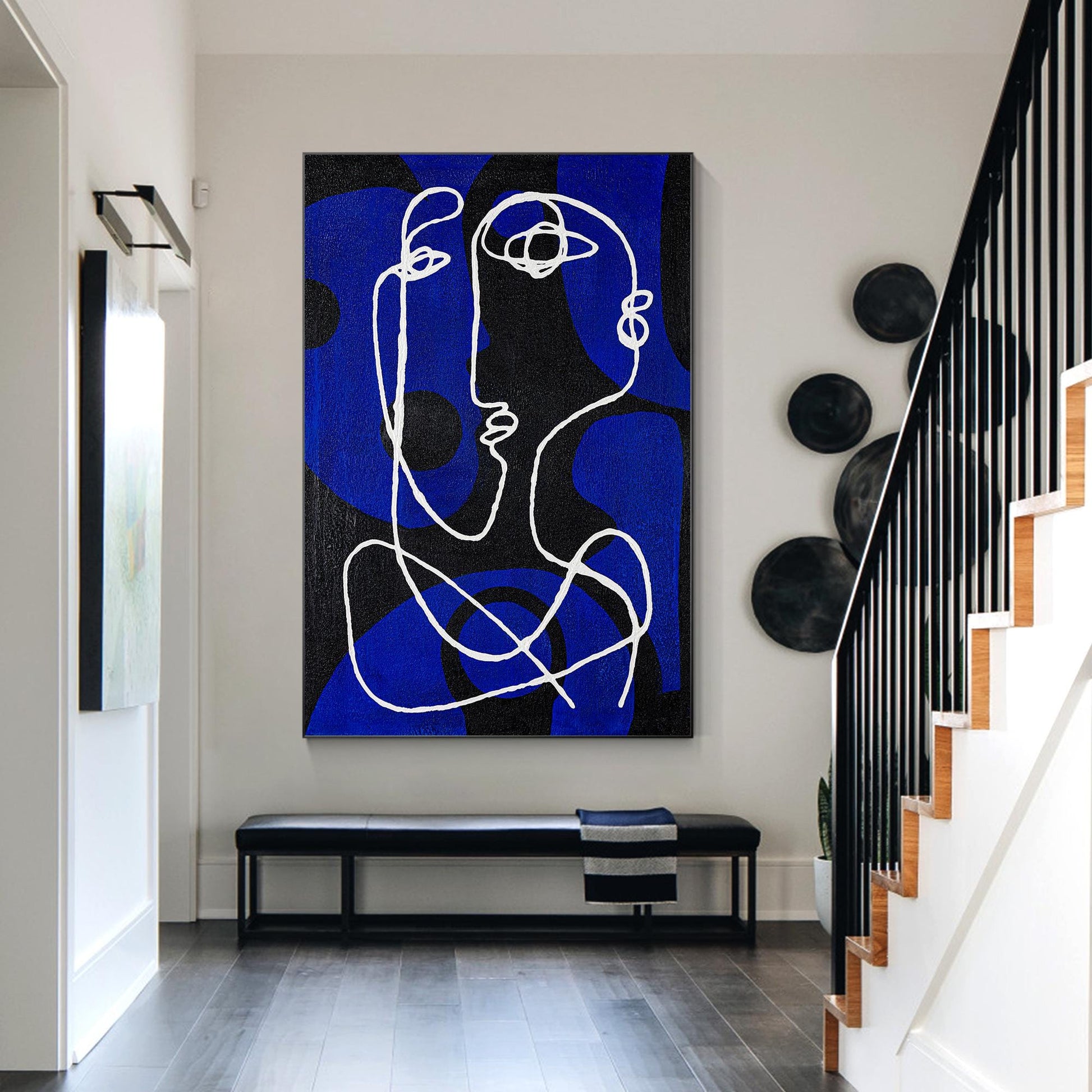 Minimalist Picasso Inspired Line Art, Blue Textured Abstract Canvas Painting, Ex #6