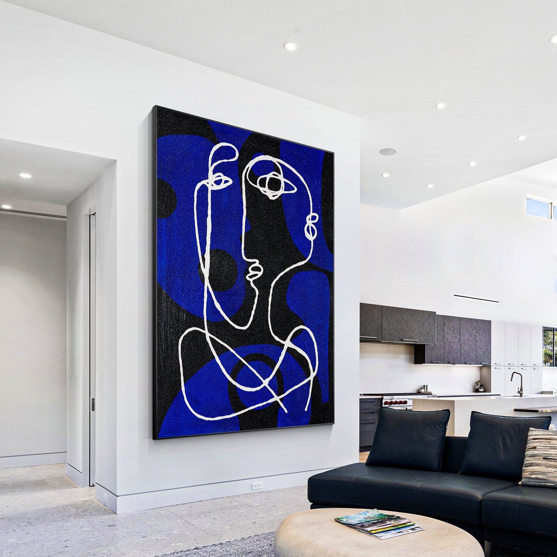 Minimalist Picasso Inspired Line Art, Blue Textured Abstract Canvas Painting, Ex #1
