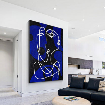 Minimalist Picasso Inspired Line Art, Blue Textured Abstract Canvas Painting, Ex #1
