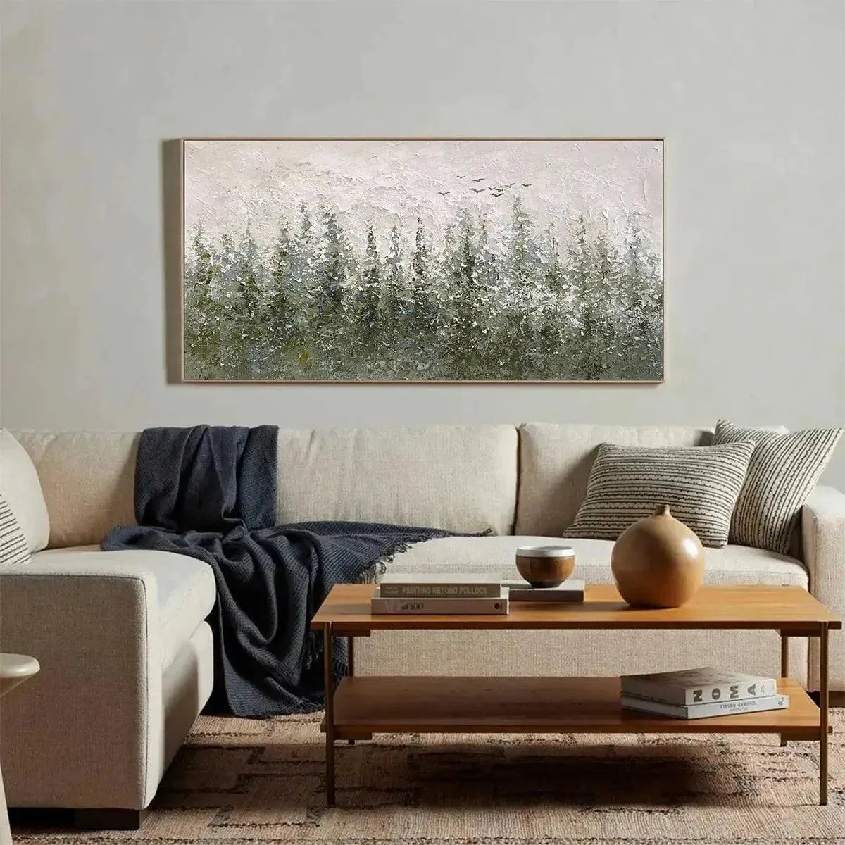 MISTY FOREST: Textured Atmospheric Forest Landscape Painting | gold frame stretched on neutral wall