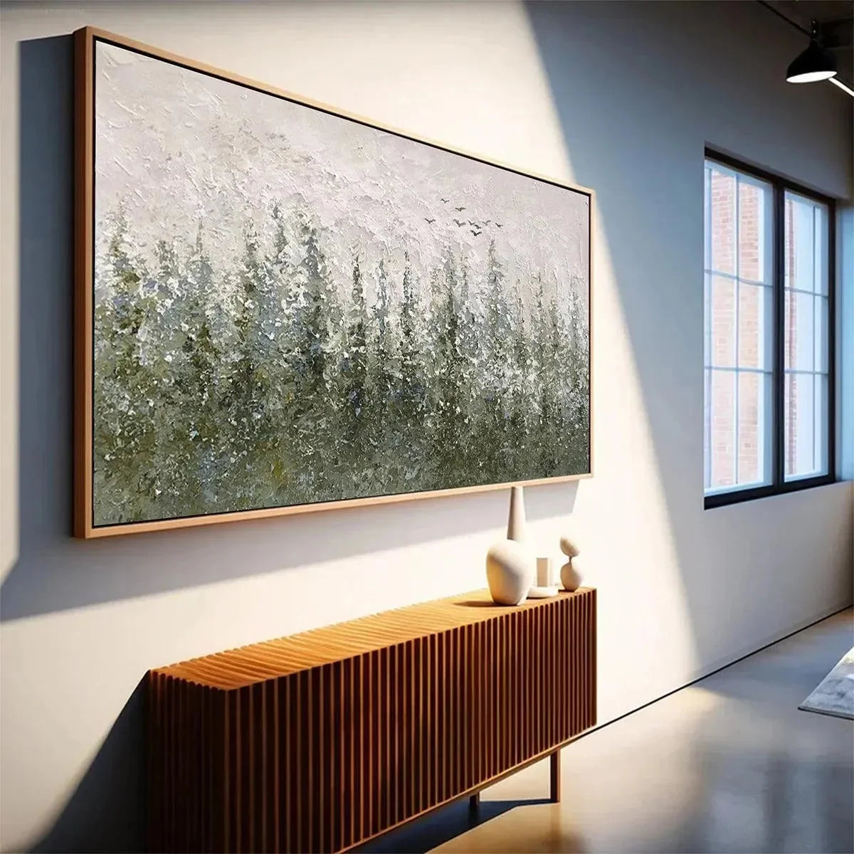MISTY FOREST: Textured Atmospheric Forest Landscape Painting | black frame version on white wall