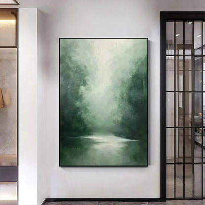 MISTY GREEN FOREST: Atmospheric Forest Landscape Painting, Vertical Wall Art | Landscape closeup, raised brushwork detail