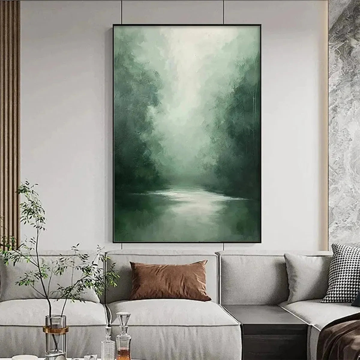 MISTY GREEN FOREST: Atmospheric Forest Landscape Painting, Vertical Wall Art | gold frame stretched on neutral wall