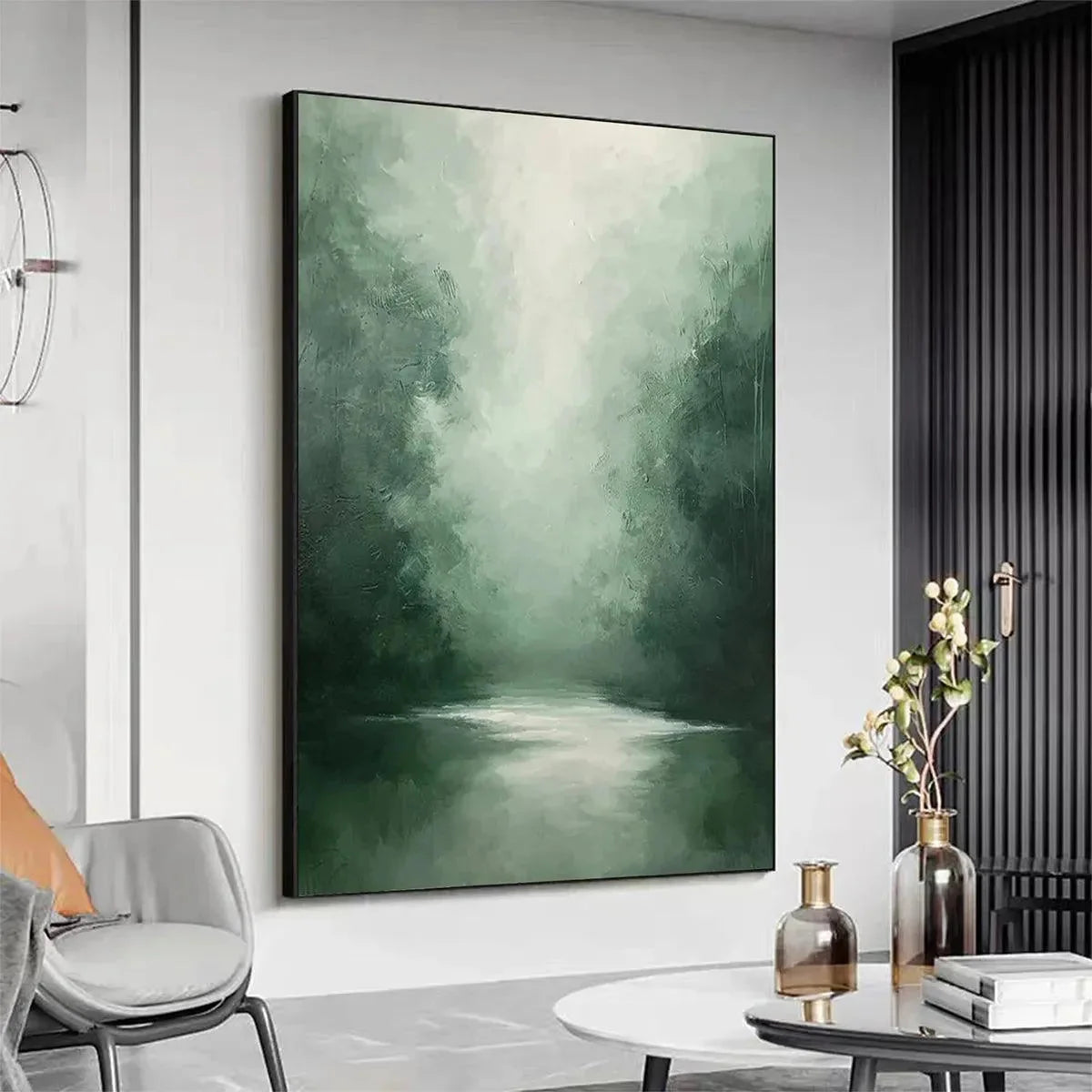 MISTY GREEN FOREST: Atmospheric Forest Landscape Painting, Vertical Wall Art | rolled canvas, ready for custom framing