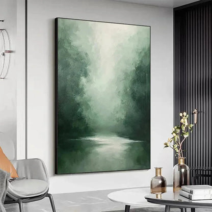 MISTY GREEN FOREST: Atmospheric Forest Landscape Painting, Vertical Wall Art | rolled canvas, ready for custom framing