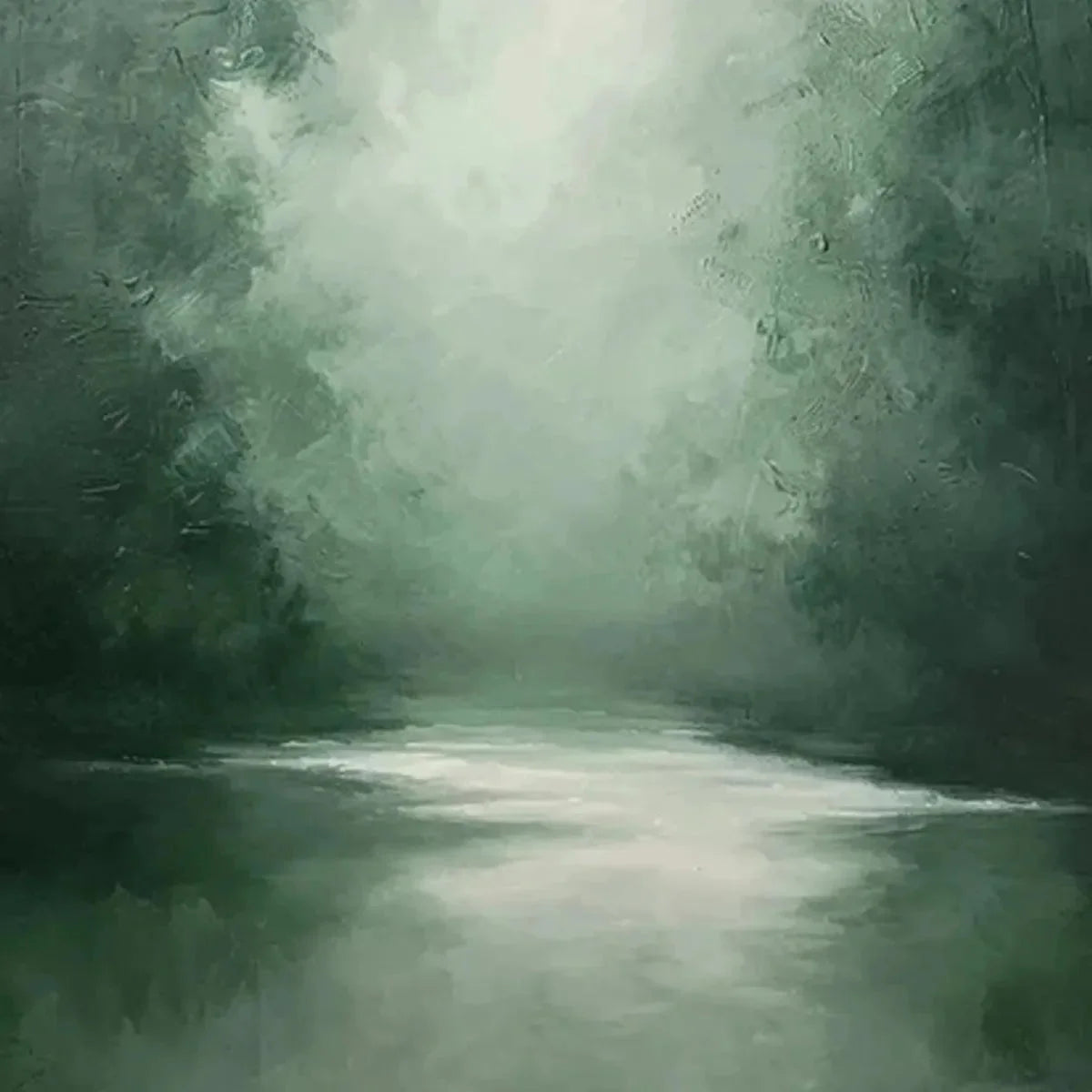 MISTY GREEN FOREST: Atmospheric Forest Landscape Painting, Vertical Wall Art | black frame version on white wall