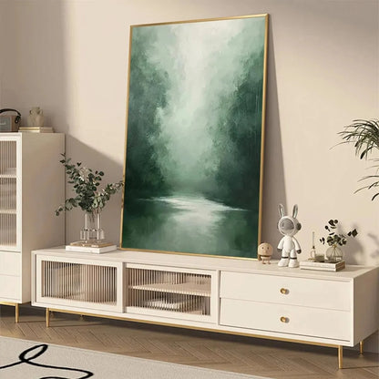MISTY GREEN FOREST: Atmospheric Forest Landscape Painting, Vertical Wall Art | Landscape mood, soft natural light studio shot