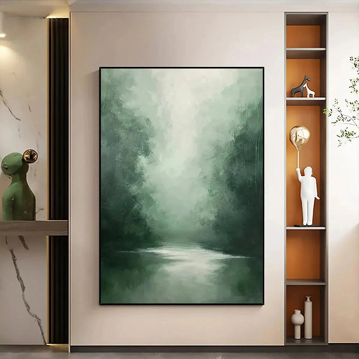 MISTY GREEN FOREST: Atmospheric Forest Landscape Painting, Vertical Wall Art | green palette, original oil on stretched canvas art