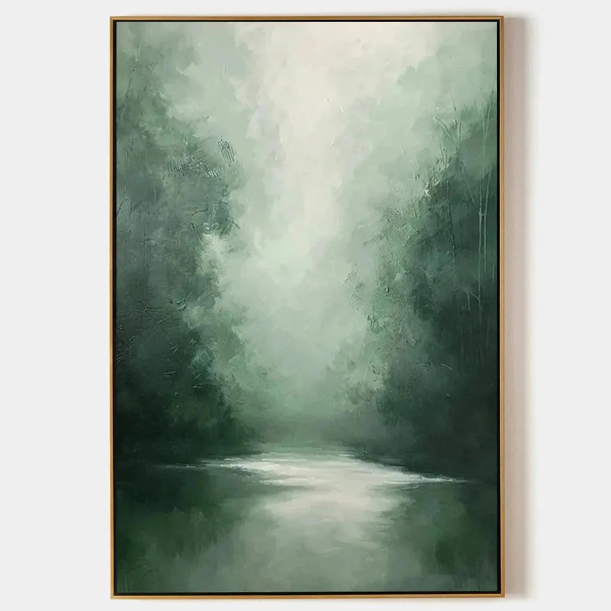 MISTY GREEN FOREST: Atmospheric Forest Landscape Painting, Vertical Wall Art | hanging in living room, Landscape wall art