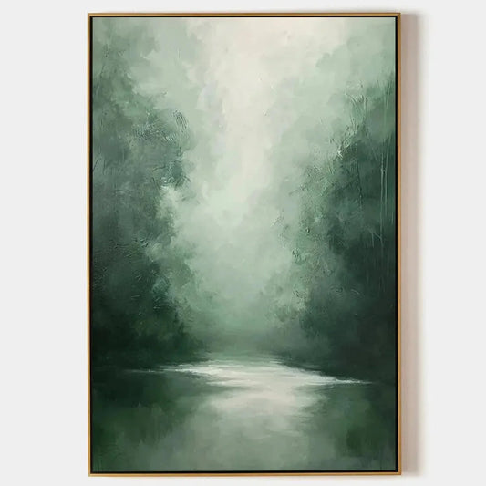 MISTY GREEN FOREST: Atmospheric Forest Landscape Painting, Vertical Wall Art | hanging in living room, Landscape wall art