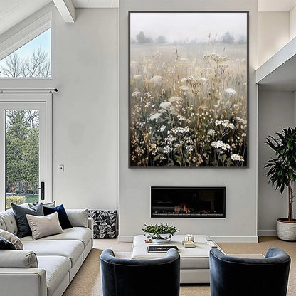 MISTY MEADOW: Ethereal Wildflower Field Landscape Painting | Landscape closeup, raised brushwork detail