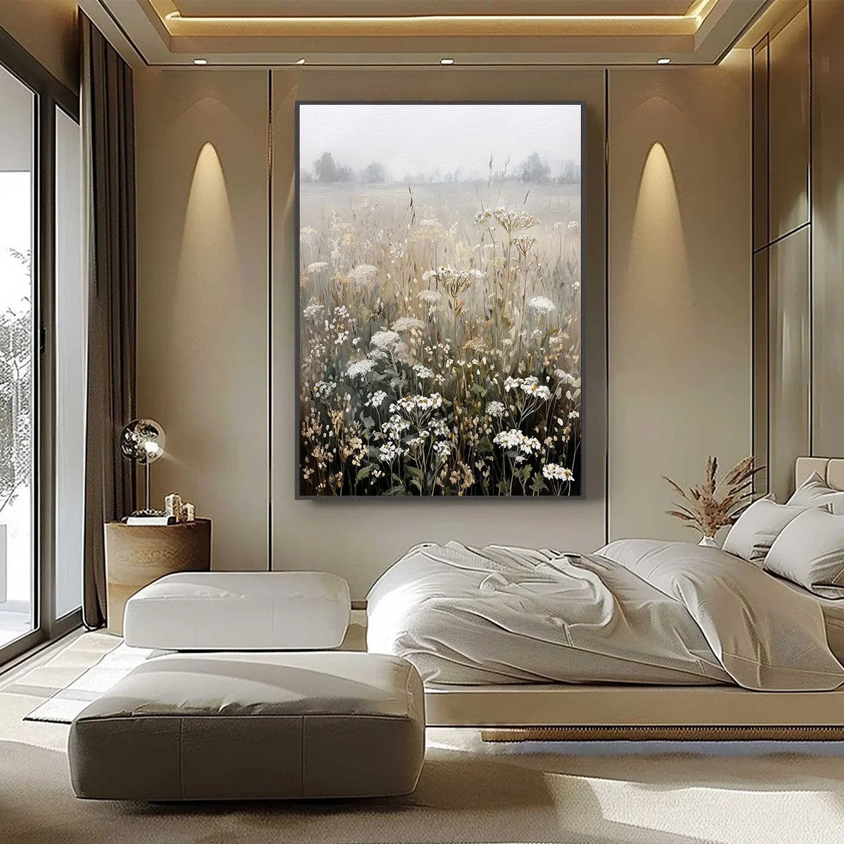 MISTY MEADOW: Ethereal Wildflower Field Landscape Painting | gold frame stretched on neutral wall