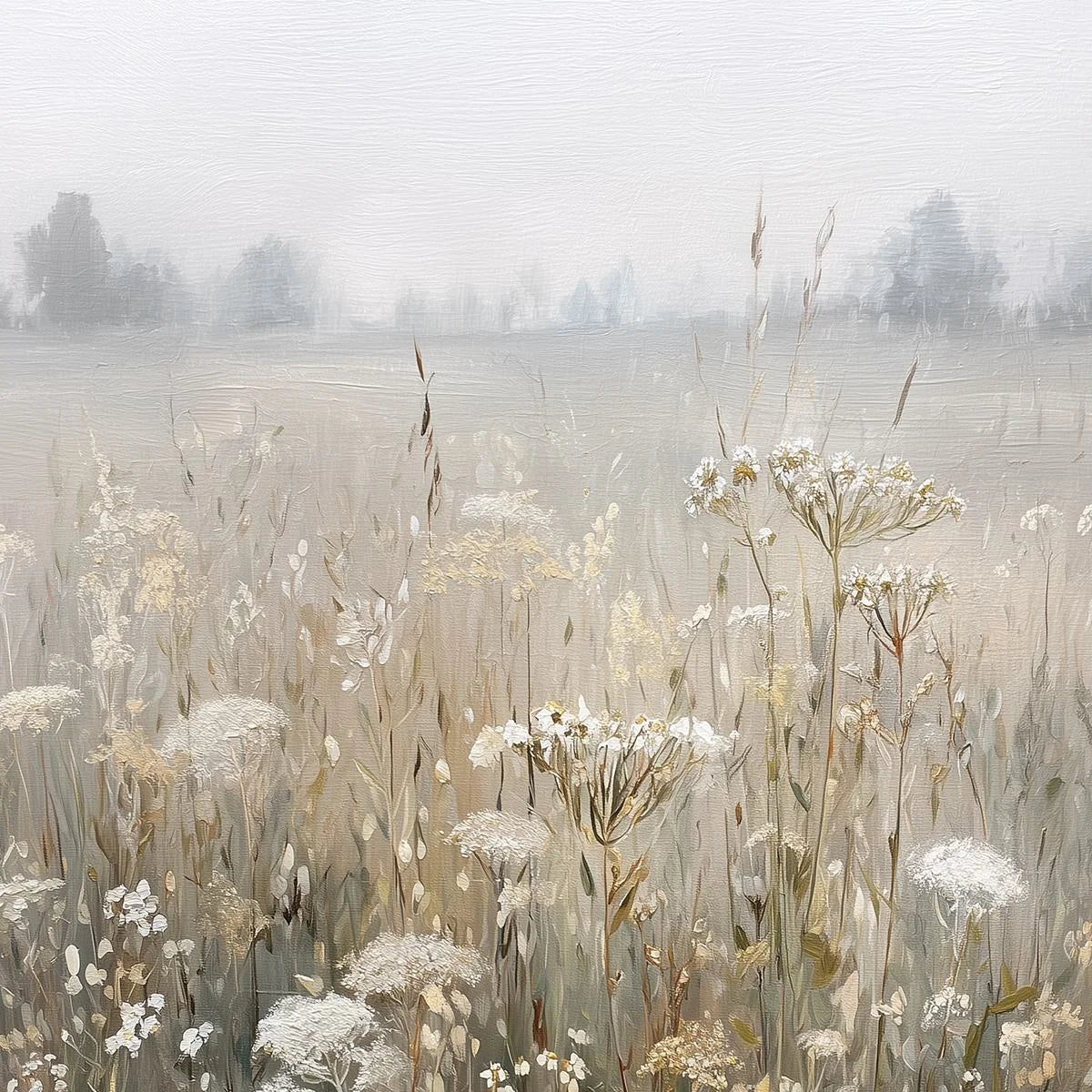 MISTY MEADOW: Ethereal Wildflower Field Landscape Painting | rolled canvas, ready for custom framing