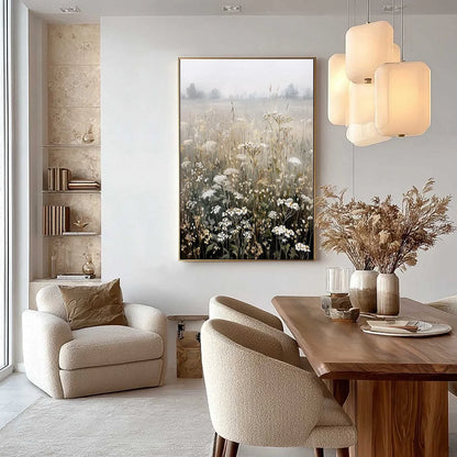 MISTY MEADOW: Ethereal Wildflower Field Landscape Painting | black frame version on white wall