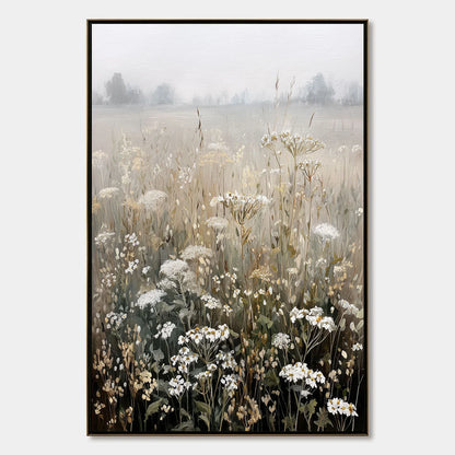 MISTY MEADOW: Ethereal Wildflower Field Landscape Painting | hanging in living room, Landscape wall art