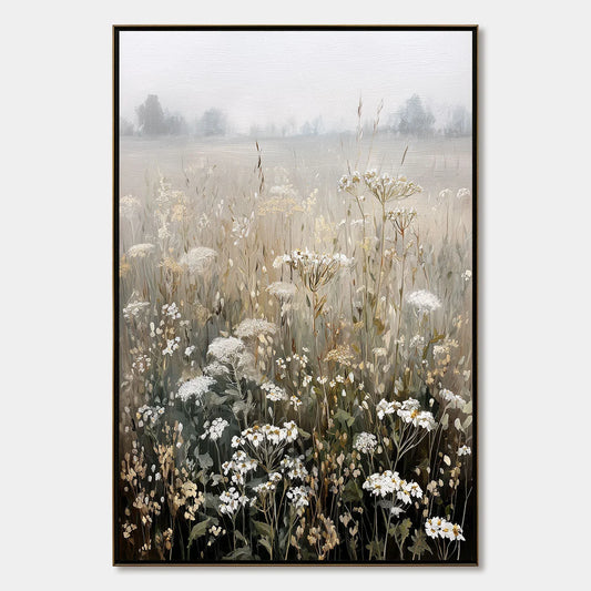 MISTY MEADOW: Ethereal Wildflower Field Landscape Painting | hanging in living room, Landscape wall art