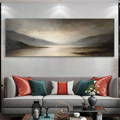 MISTY MORNING SERENITY: Landscape Painting, Panoramic Wall Art, Neutral Decor | Landscape closeup, raised brushwork detail