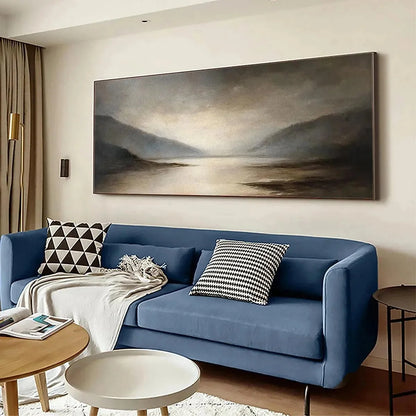 MISTY MORNING SERENITY: Landscape Painting, Panoramic Wall Art, Neutral Decor | gold frame stretched on neutral wall