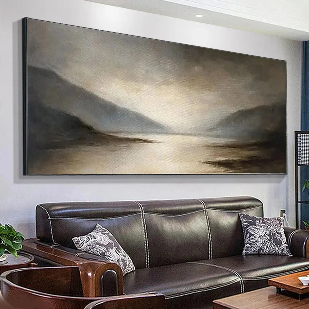 MISTY MORNING SERENITY: Landscape Painting, Panoramic Wall Art, Neutral Decor | rolled canvas, ready for custom framing