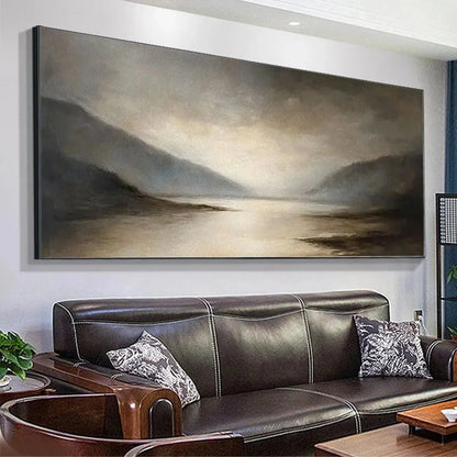 MISTY MORNING SERENITY: Landscape Painting, Panoramic Wall Art, Neutral Decor | rolled canvas, ready for custom framing