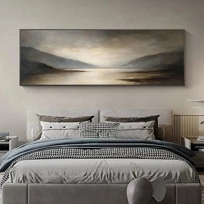 MISTY MORNING SERENITY: Landscape Painting, Panoramic Wall Art, Neutral Decor | Landscape mood, soft natural light studio shot