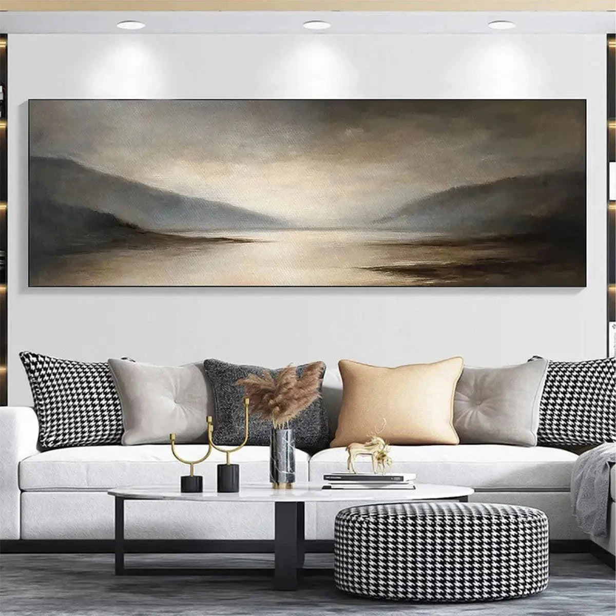 MISTY MORNING SERENITY: Landscape Painting, Panoramic Wall Art, Neutral Decor | multi-color palette, original oil on stretched canvas art