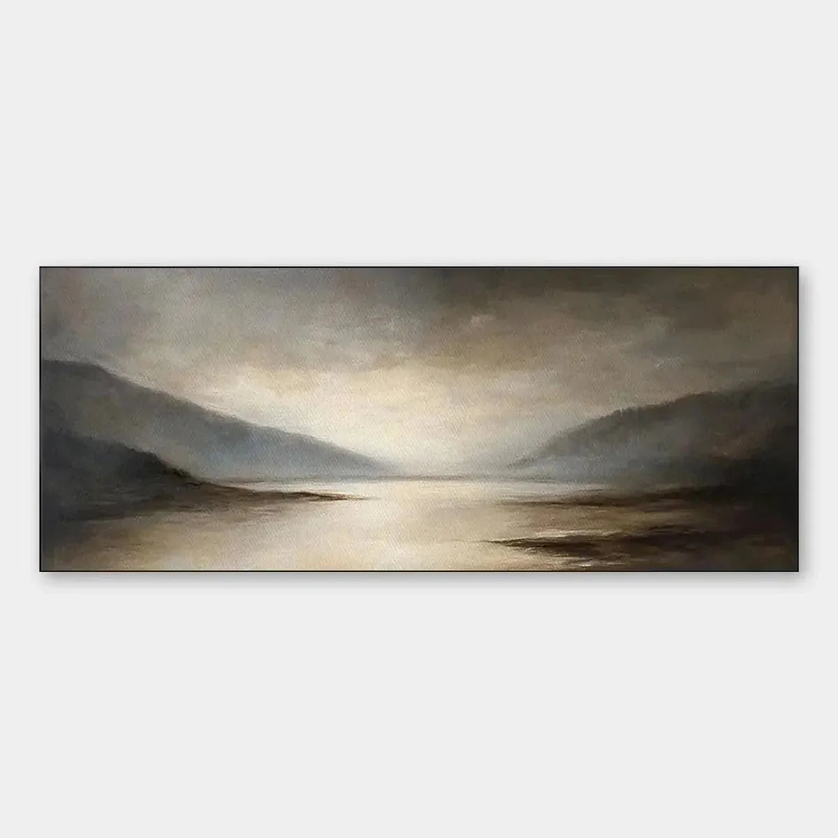 MISTY MORNING SERENITY: Landscape Painting, Panoramic Wall Art, Neutral Decor | hanging in living room, Landscape wall art