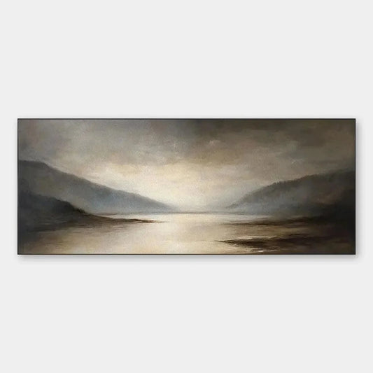 MISTY MORNING SERENITY: Landscape Painting, Panoramic Wall Art, Neutral Decor | hanging in living room, Landscape wall art