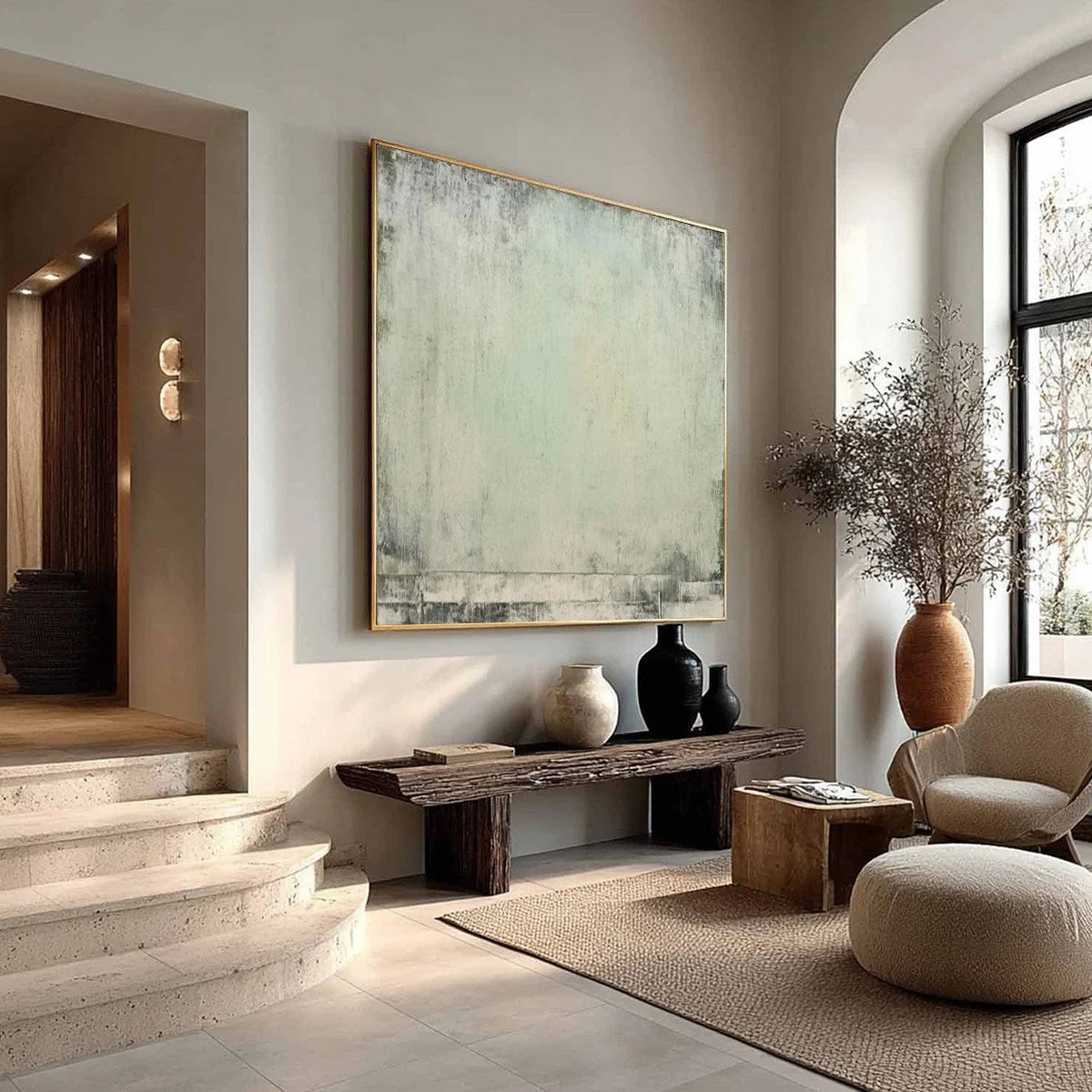 MISTY MORNING: Textured Minimalist Abstract Oil Painting | gold frame stretched on neutral wall