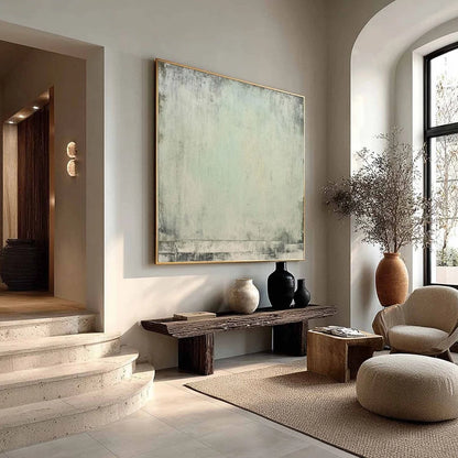 MISTY MORNING: Textured Minimalist Abstract Oil Painting | gold frame stretched on neutral wall