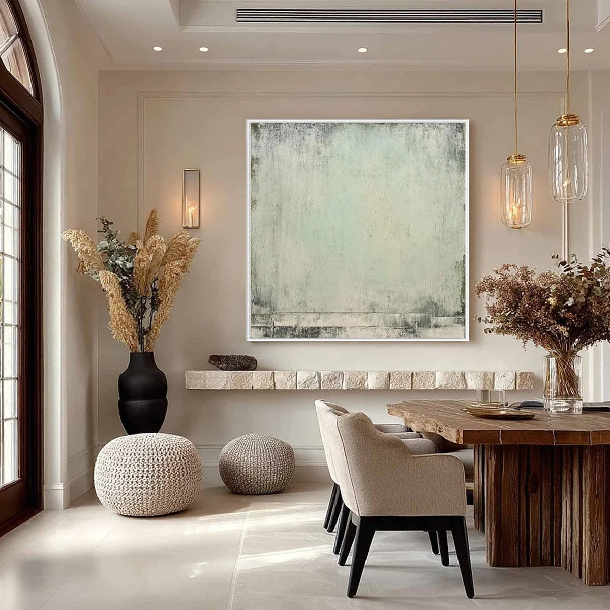 MISTY MORNING: Textured Minimalist Abstract Oil Painting | black frame version on white wall