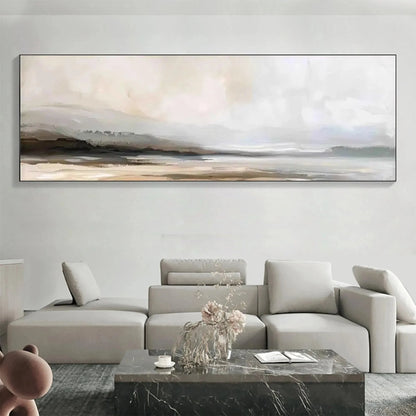 MISTY MOUNTAIN LAKE PANORAMIC: Landscape Painting, Panoramic Wall Art | Landscape closeup, raised brushwork detail