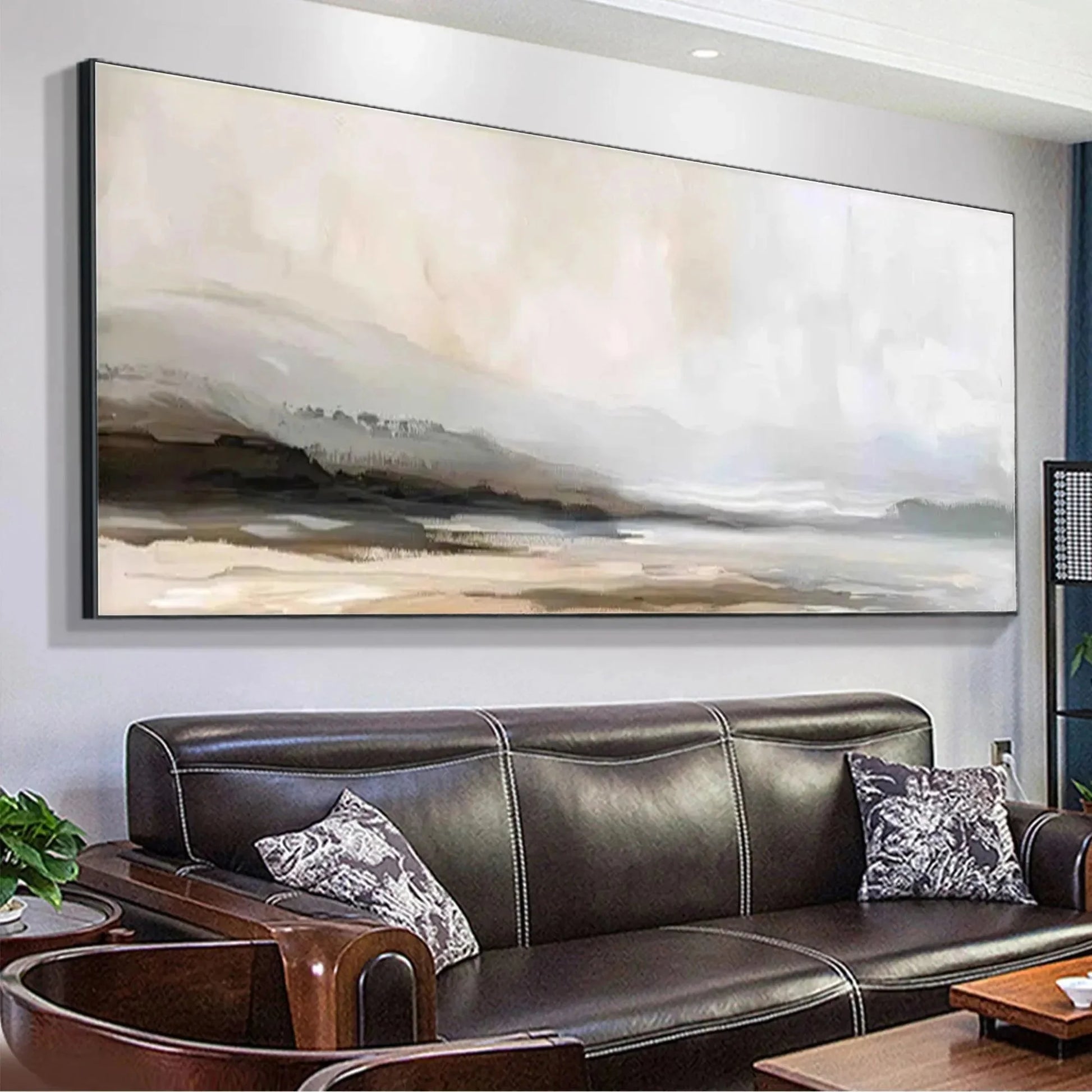 MISTY MOUNTAIN LAKE PANORAMIC: Landscape Painting, Panoramic Wall Art | gold frame stretched on neutral wall