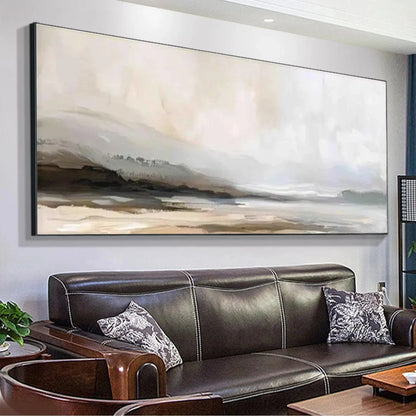 MISTY MOUNTAIN LAKE PANORAMIC: Landscape Painting, Panoramic Wall Art | gold frame stretched on neutral wall