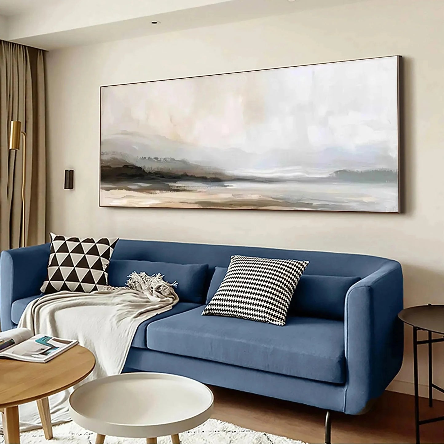 MISTY MOUNTAIN LAKE PANORAMIC: Landscape Painting, Panoramic Wall Art | black frame version on white wall