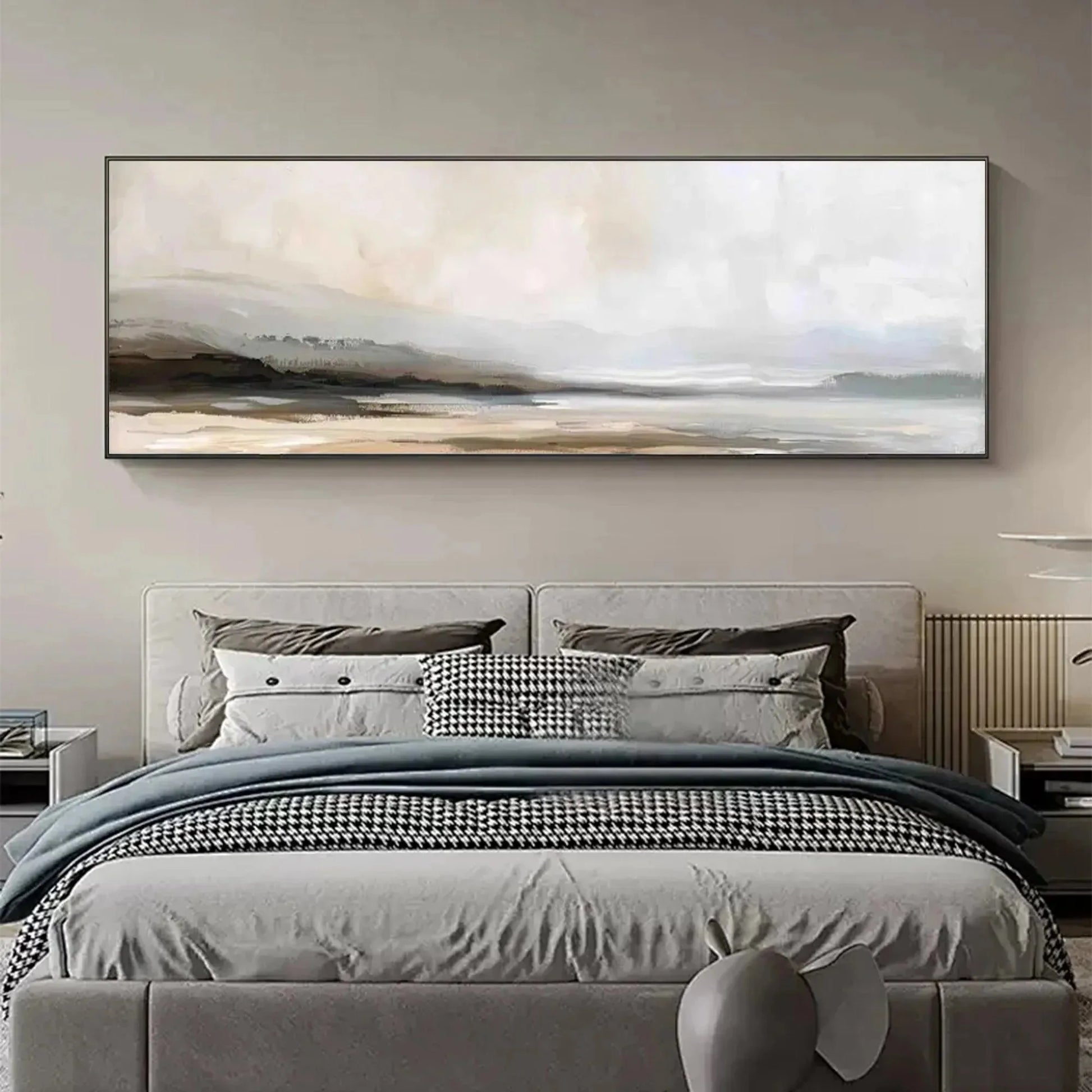 MISTY MOUNTAIN LAKE PANORAMIC: Landscape Painting, Panoramic Wall Art | yellow palette, original oil on stretched canvas art