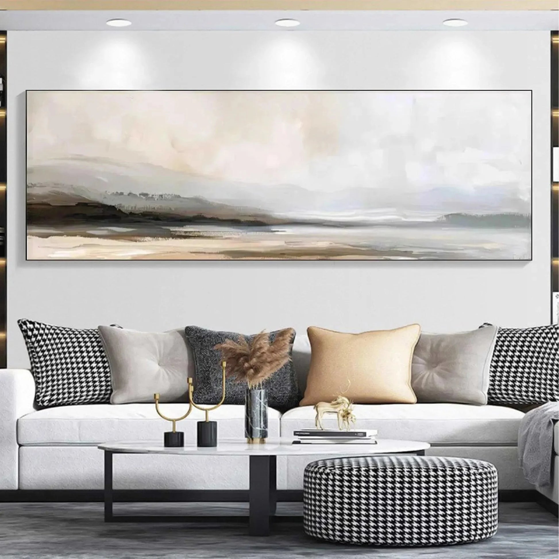 MISTY MOUNTAIN LAKE PANORAMIC: Landscape Painting, Panoramic Wall Art | texture detail, palette knife marks visible