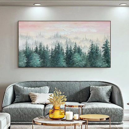 MISTY PINES: Panoramic Forest Landscape Painting, Misty Trees, Green | gold frame stretched on neutral wall
